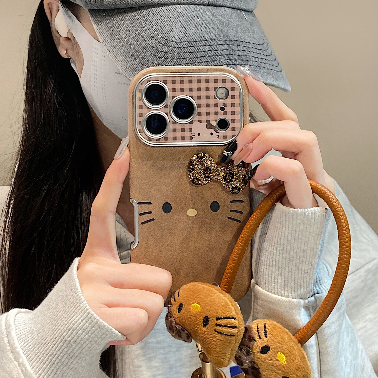 【每日新品】韩系棕色豹纹蝴蝶结kt猫适用于iphone15手机壳苹果17promax保护套14挂绳13新款16pro女max手机套