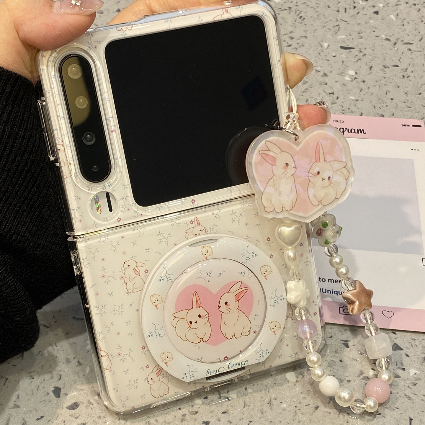 少女心碎花爱心小兔子适用华为purax折叠屏手机壳p50pocket2小米mixflip2三星zflip7女6磁吸支架5典藏版手链