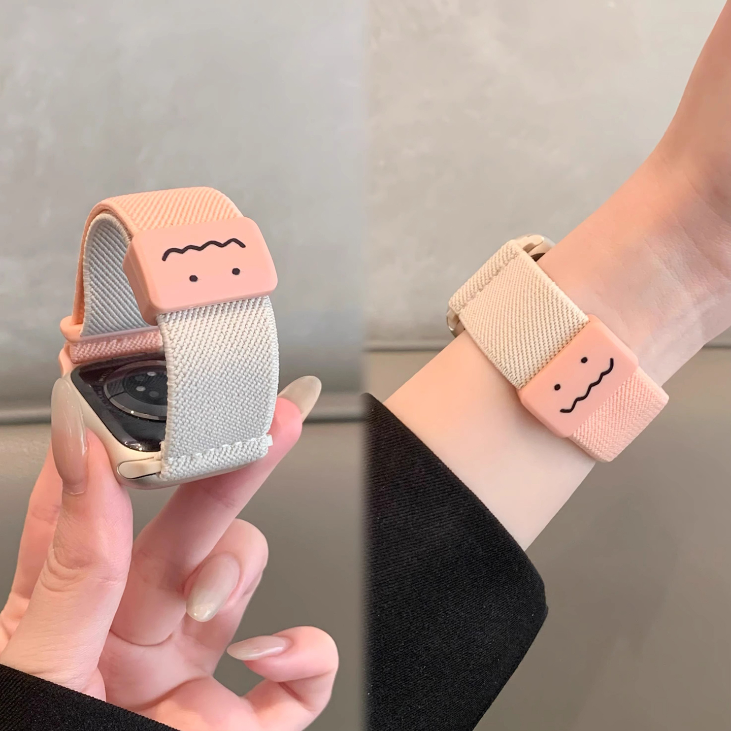 可爱涂鸦拼色平纹适用苹果手表iwatch10表带编织磁吸扣applewatch9表带8透气S10运动S9休闲8手表带7小众6情侣