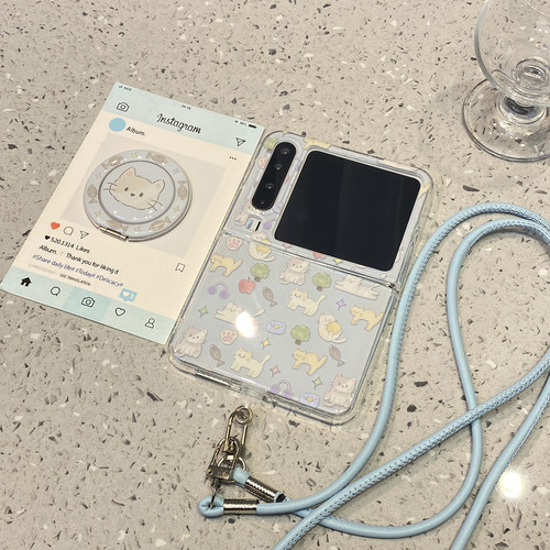 可爱卡通涂鸦猫咪旋转支架适用华为purax折叠屏手机壳p50外壳Pocket2斜跨挂绳高级感男女款超火/pura/x典藏版