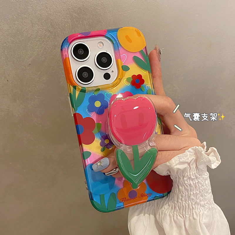 涂鸦油画彩色郁金香花朵适用于iphone15promax手机壳苹果16保护套14带支架13防摔新款全包15pro小众max手机套