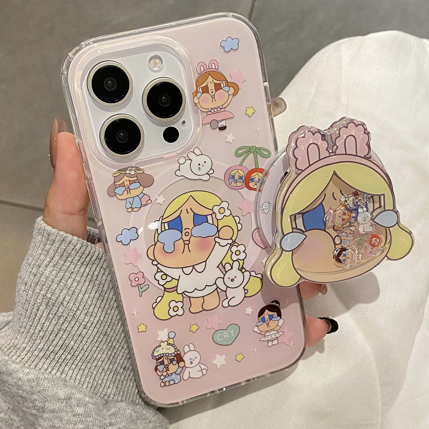 日韩可爱粉底黄发哭娃磁吸适用于iphone15手机壳苹果16保护套14摇摇乐支架13新款15promax女17pro创意max外壳