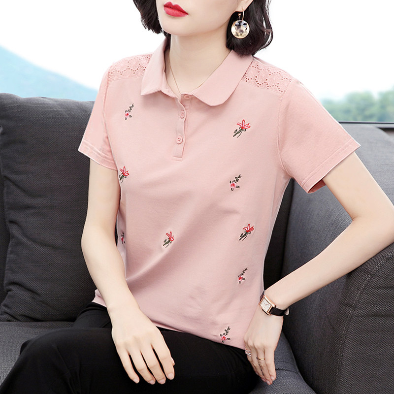 短袖女2020年新款夏季翻领t恤女绣花妈妈polo衫韩版宽松有领上衣