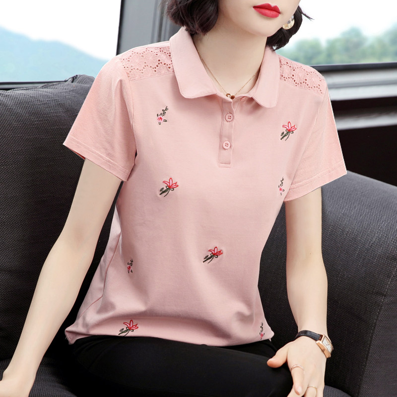 翻领t恤女短袖纯棉2020年新款夏季带领子上衣中年妈妈宽松体恤衫