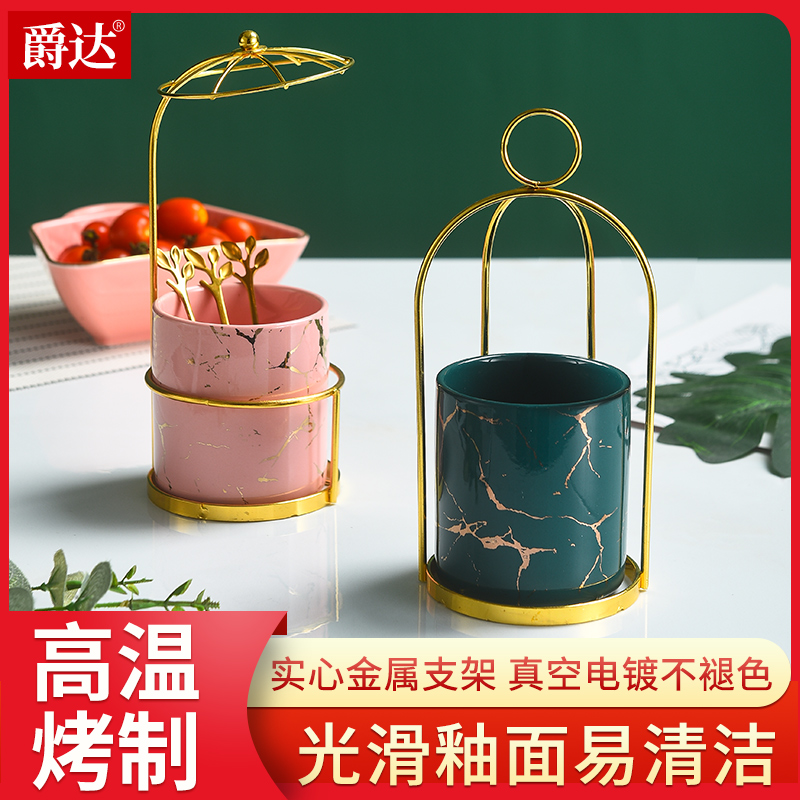 水果叉套装创意可爱家用欧式小奢华收纳罐鸟笼树叶金色水果甜品叉