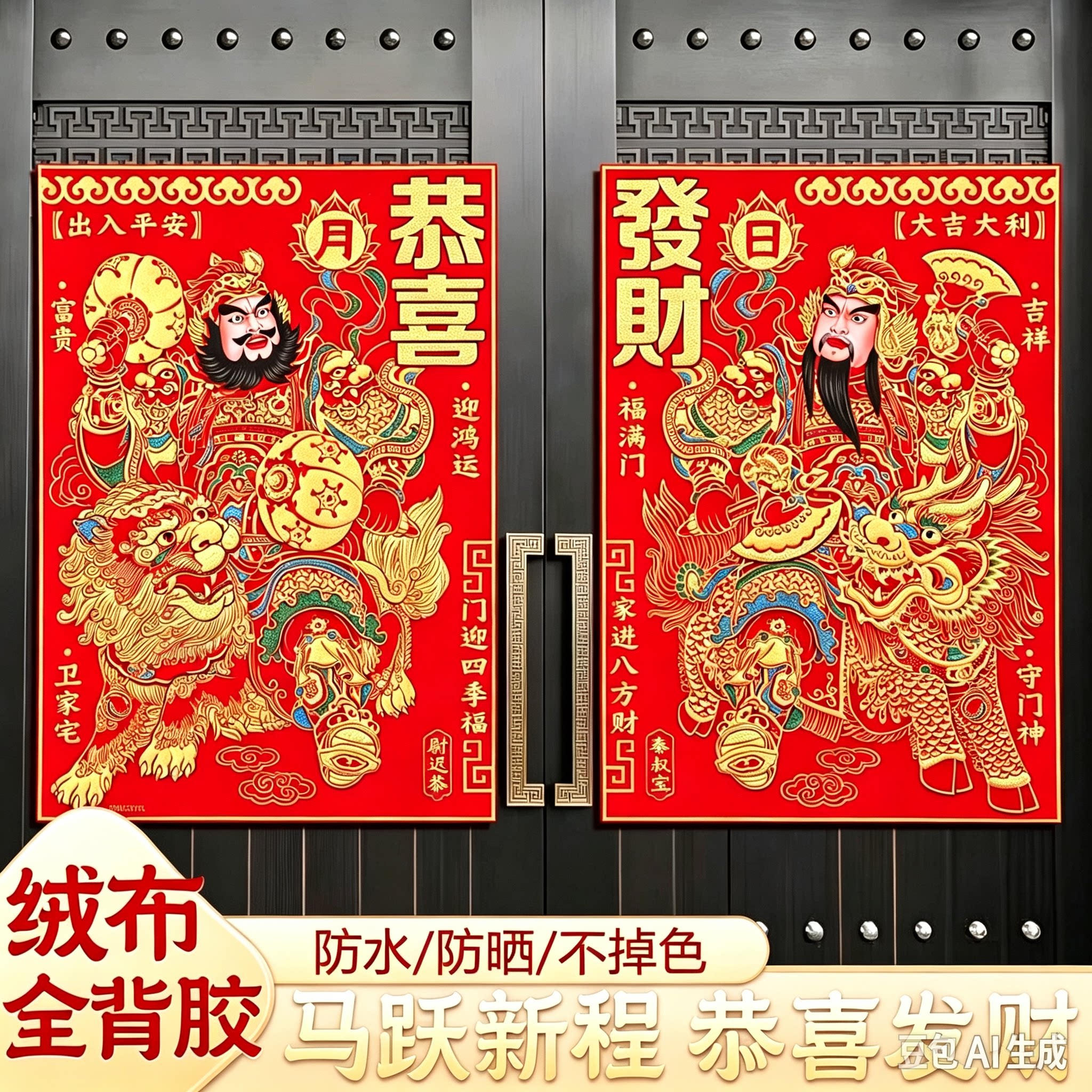 新年门神贴2026新款绒布门神烫金日月发财门神年画带背胶门贴