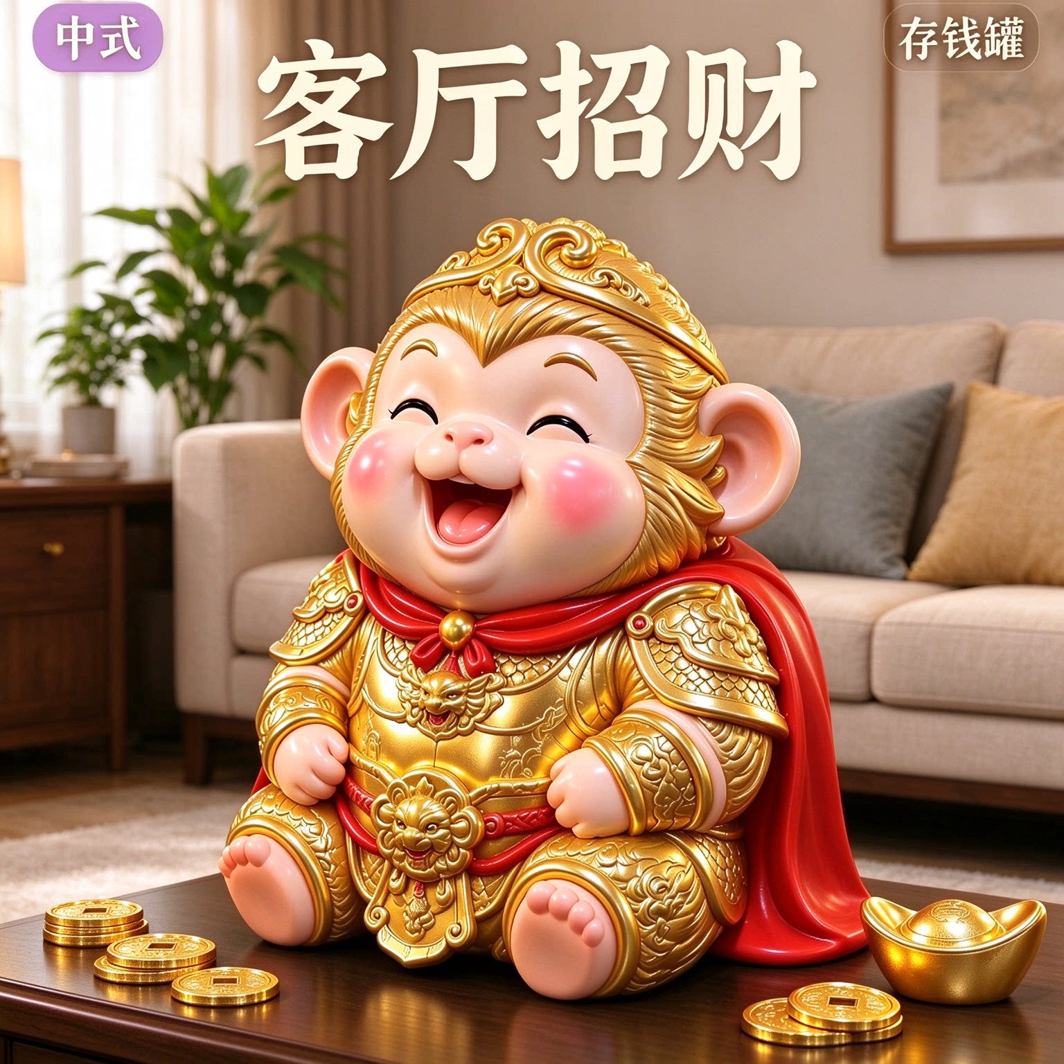 萌系孙悟空招财存钱罐金甲红披风大圣塑像电视柜桌面零钱收纳摆设