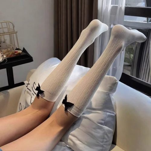 黑白蝴蝶结小腿及膝miu系长筒袜