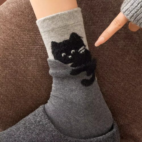 可爱猫咪中筒袜子女卡通植绒棉袜