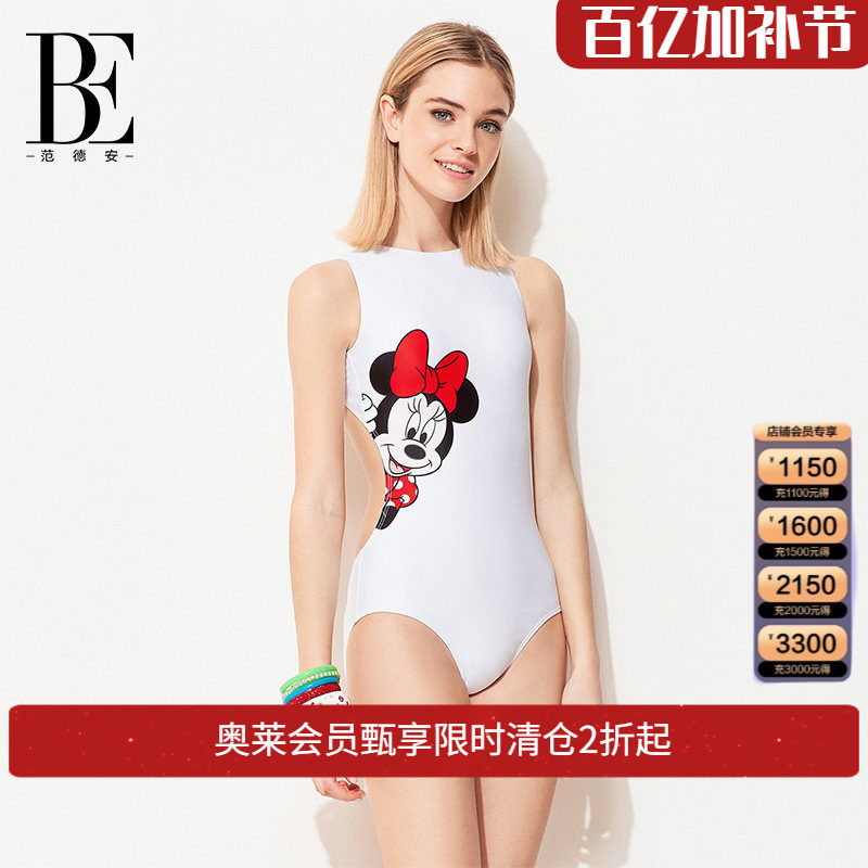 BE范德安连体三角泳衣女白红色卡通可爱性感莱卡面料露背时尚泳衣
