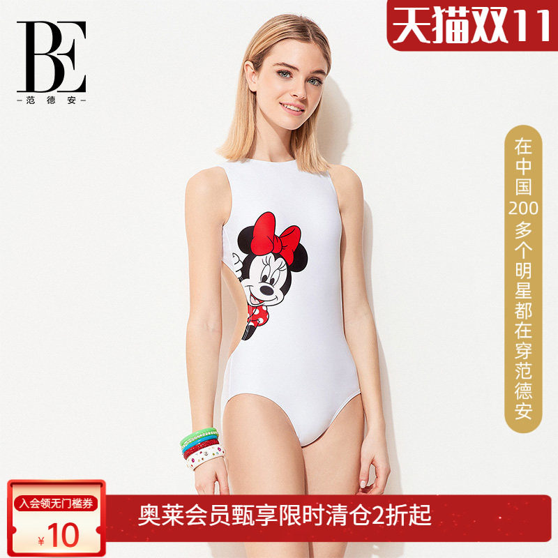 BE范德安连体三角泳衣女白红色卡通可爱性感莱卡面料露背时尚泳衣