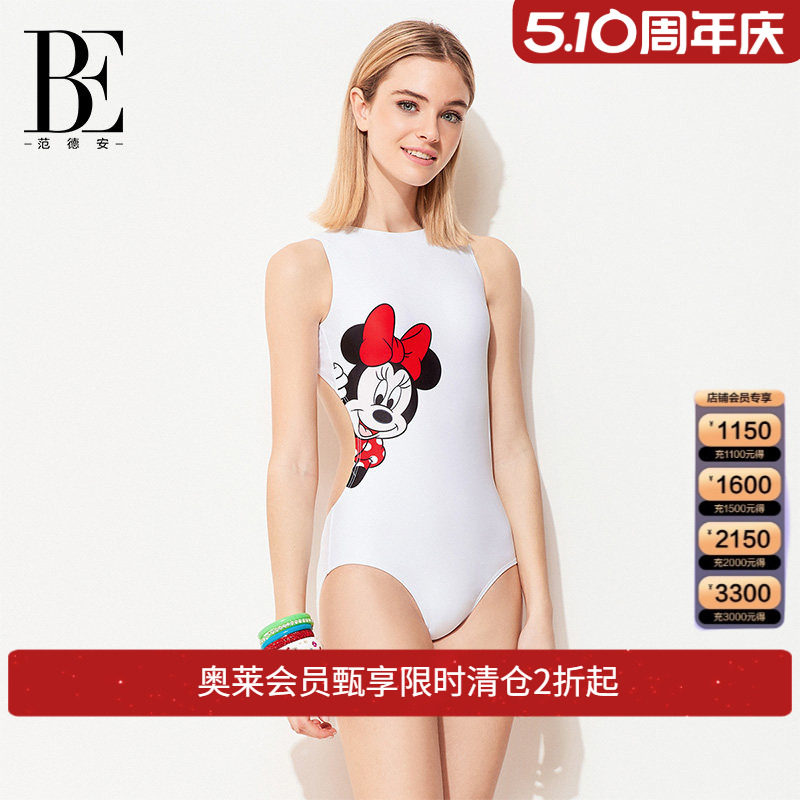 BE范德安连体三角泳衣女白红色卡通可爱性感莱卡面料露背时尚泳衣