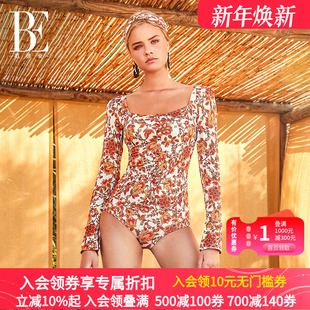 BE范德安花漾系列分体泳衣女士长袖 防晒显瘦气质方领微胖遮肉高级