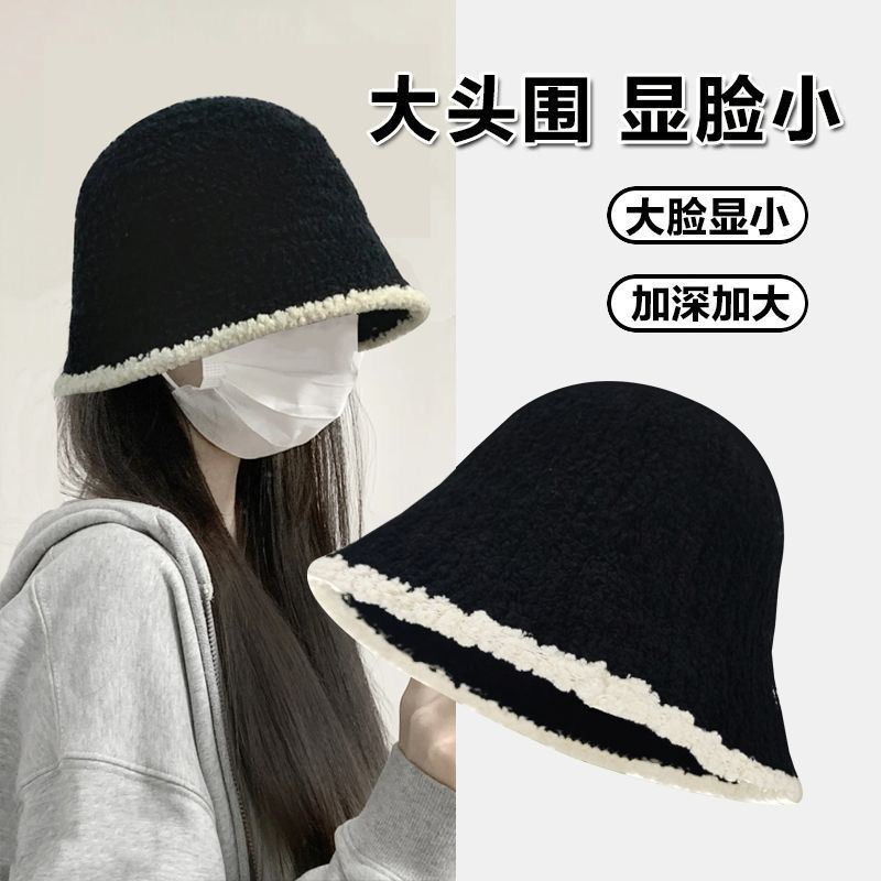 秋冬季韩渔夫帽子女秋冬大头围显脸小保暖针织遮脸水桶帽毛绒帽子