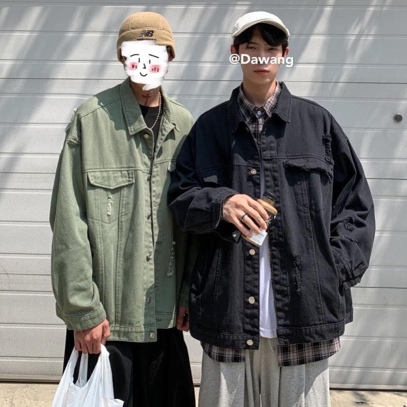 痞帅外套男潮流夹克春秋韩版百搭破洞牛仔翻领街头胖子宽松休闲