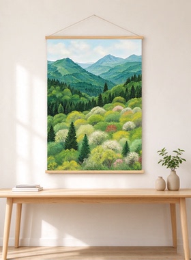 青山层叠山林油画挂画 原木卷轴 客厅玄关自然风景装饰画