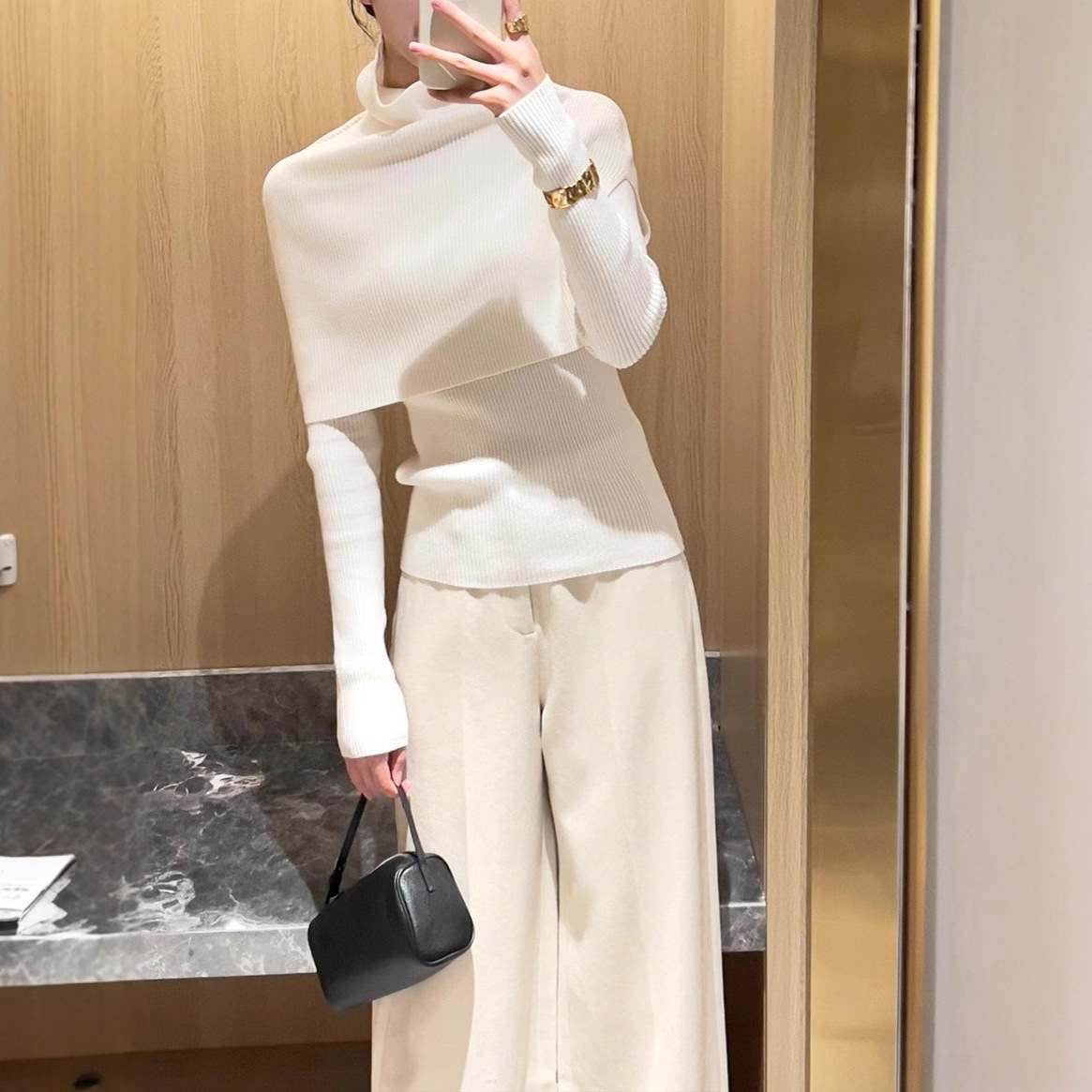 白色披肩斗篷针织衫套装女秋季新款高领毛衣内搭打底衫上衣两件套