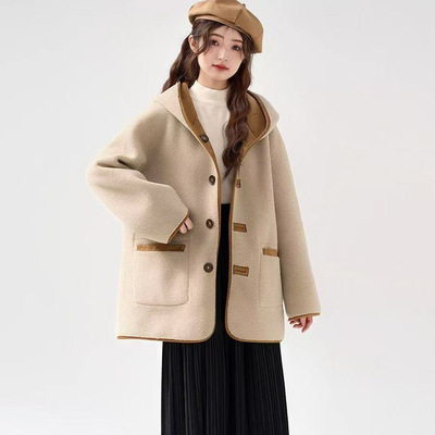 皮毛一体羊羔毛外套女2025冬季新款连帽休闲加厚小个子双面穿大衣