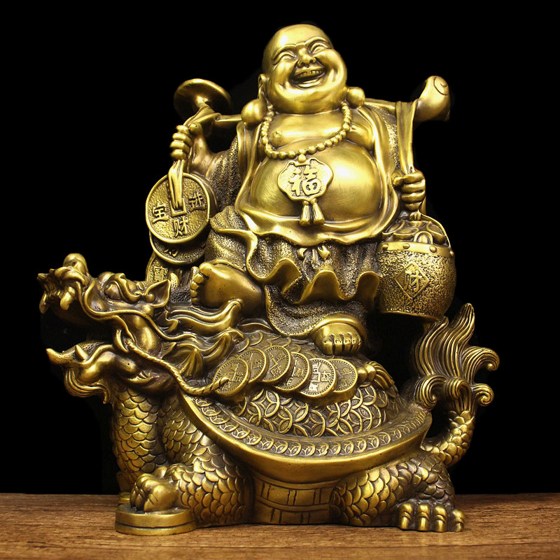 纯铜弥勒佛像摆件骑龙龟大肚弥勒佛招财笑佛家居风水装饰摆设