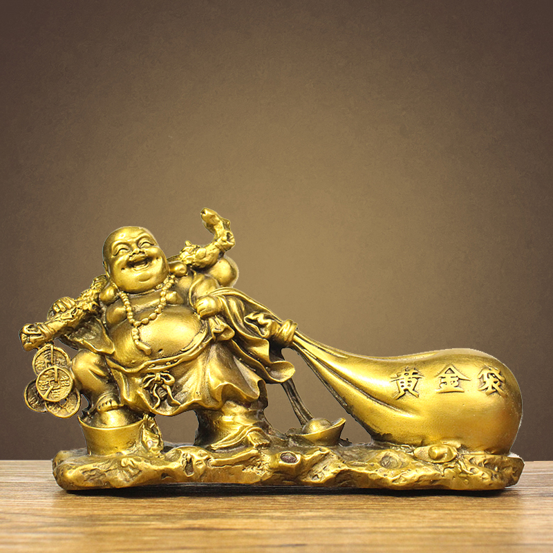 纯铜弥勒佛像摆件大肚笑佛布袋和尚黄金袋佛家居供奉店铺开业礼品
