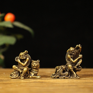 复古纯铜降龙伏虎罗汉黄铜实心铜佛像古玩微雕桌面装饰工艺品摆设