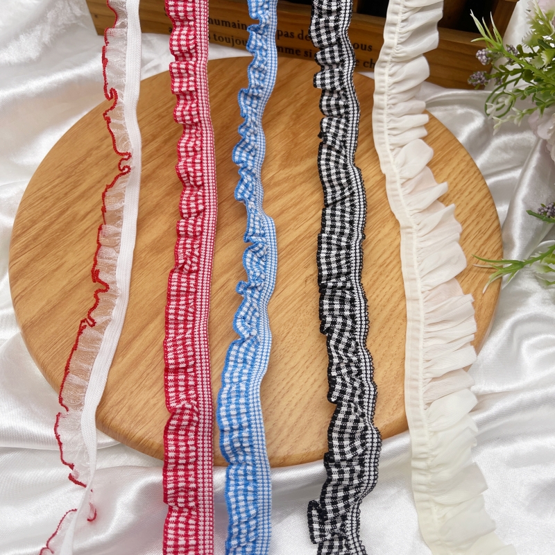 经典格子木耳花边弹力褶皱丝带大肠圈点缀diy娃衣袜子配饰辅料