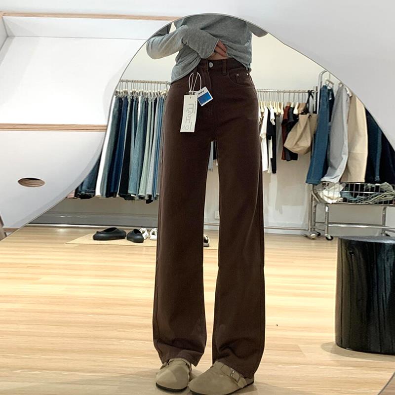 美拉德咖色直筒牛仔裤女秋冬加绒复古棕色高腰显瘦窄版阔腿拖地裤