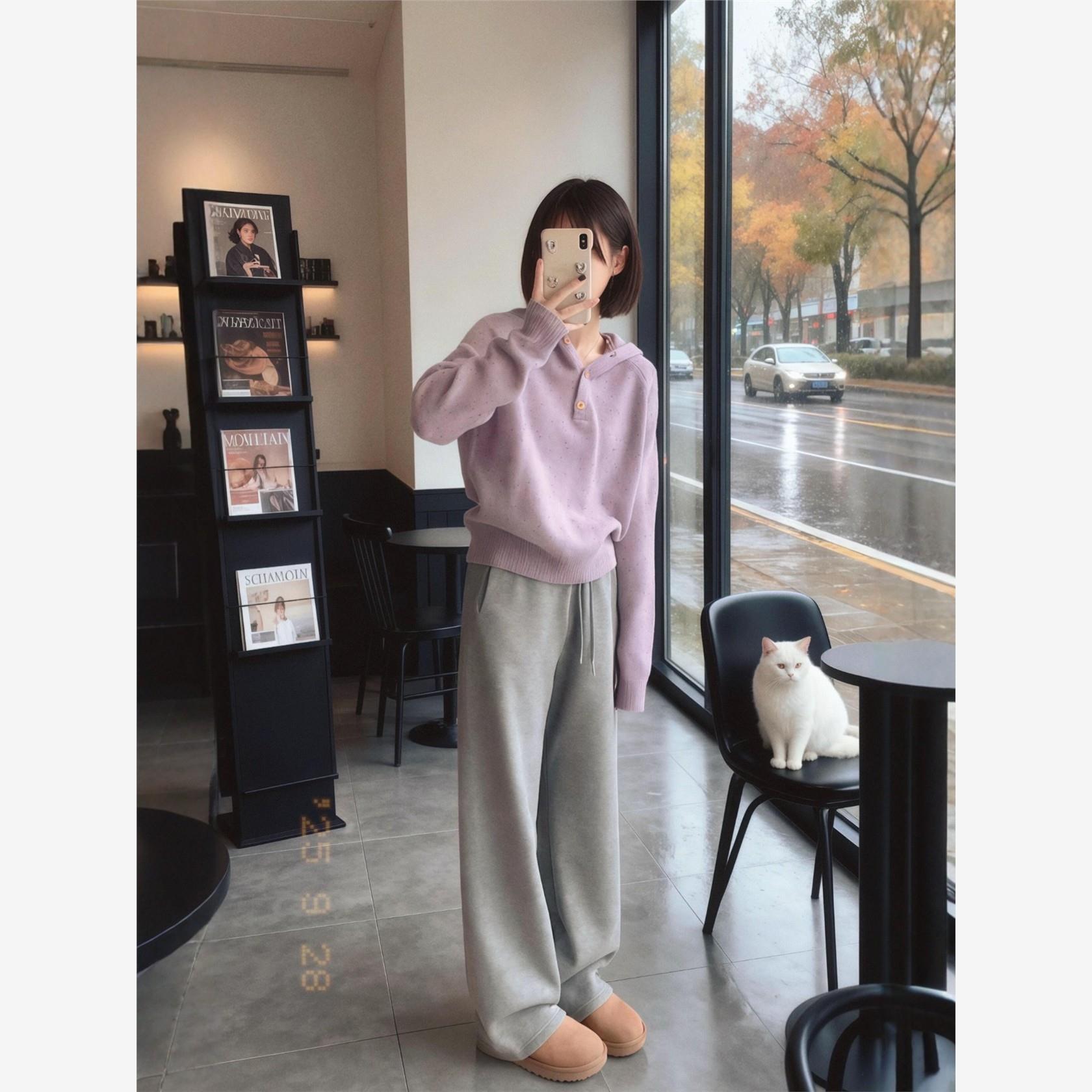 巨好看的早秋穿搭套装女韩系独特减龄紫色毛衣休闲裤子超火两件套