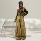 工装 宽松显瘦多口袋休闲拖地 新款 卡其色加长弯刀阔腿裤 女2026春季