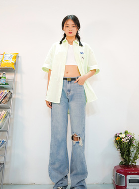 petty Elsa175加长高个chao极显腿长的浅蓝色破洞牛仔裤拖地裤女