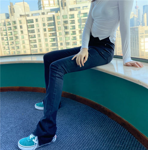 petty Elsa加长微喇叭裤牛仔裤女裤2026春新韩版显瘦高腰紧身黑色