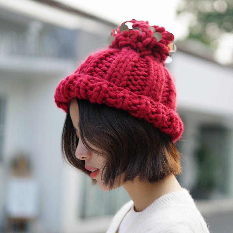 井布 纯色日系手工编织毛线帽子女冬季新款可爱百搭保暖针织帽潮