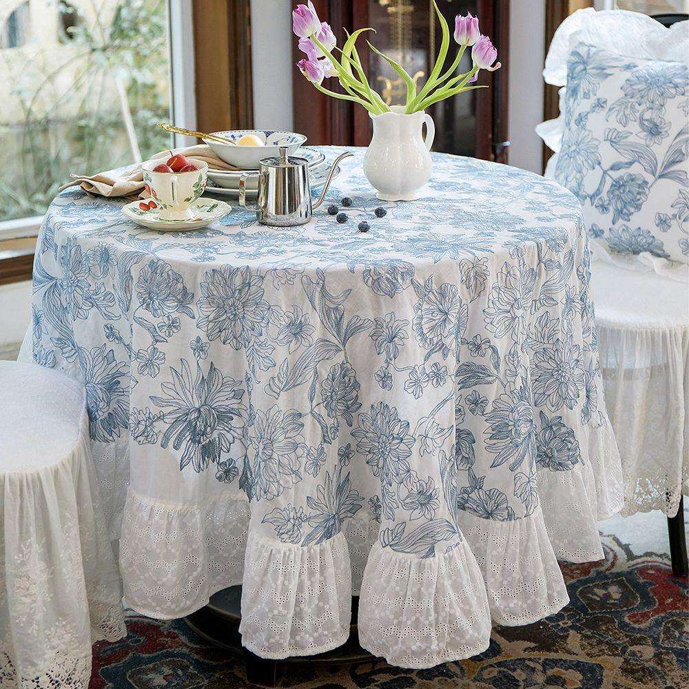 复古风青花瓷桌布防泼水法式餐桌布圆桌茶几文艺氛围感盖台布