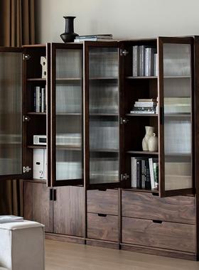 北欧黑胡桃木书房组合书柜现代简约展示柜书橱玻璃门实木储物柜