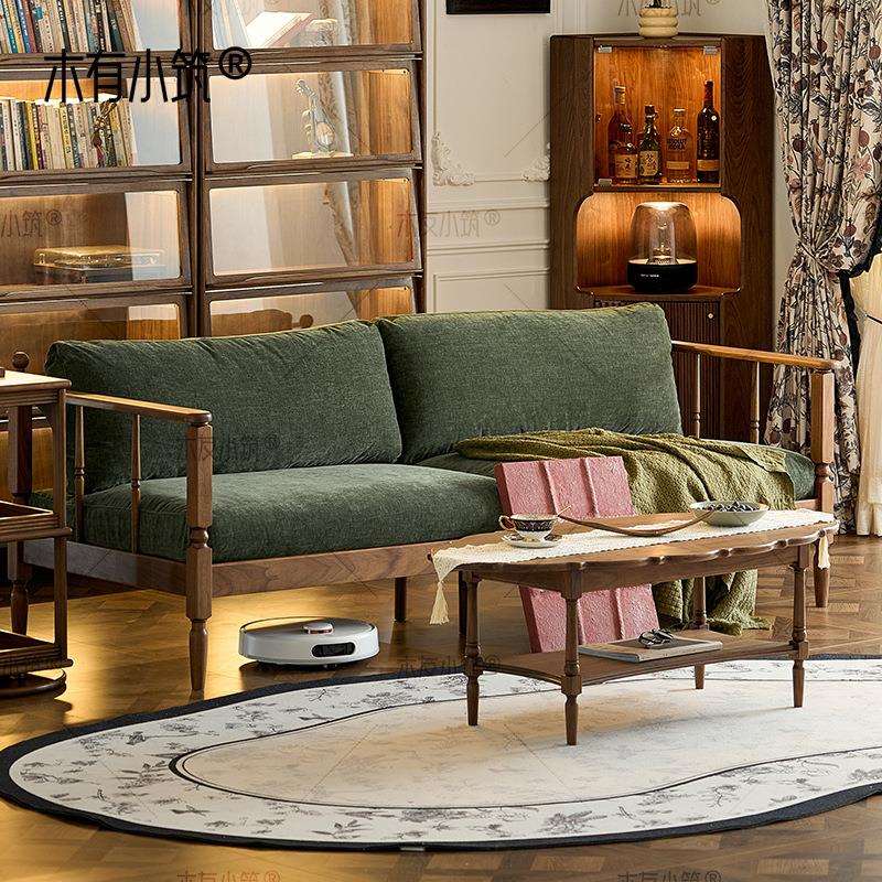 直排小户型黑胡桃木猫抓三四人法式复古沙发全实木2025客厅布北美