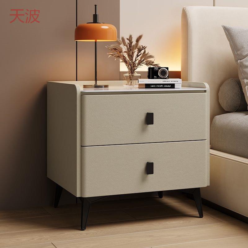 Ehd实木皮质现代床头柜简约卧室储物柜家用床边柜轻奢岩板收纳