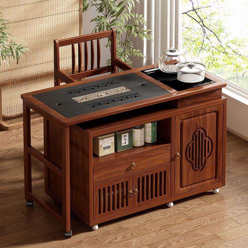 新中式可移动折叠茶车旋转茶桌椅组合非实木边几家用客厅阳台茶台