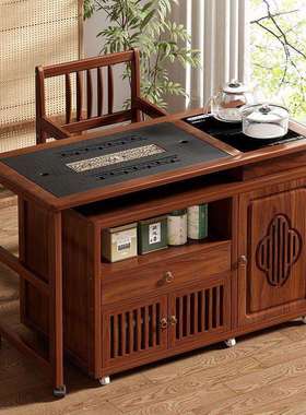 新中式可移动折叠茶车旋转茶桌椅组合非实木边几家用客厅阳台茶台