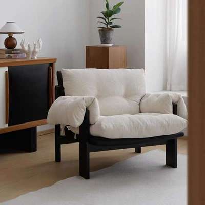 法式复古实木休闲椅小户型客厅阳台懒人椅单人沙发中古风布艺单椅