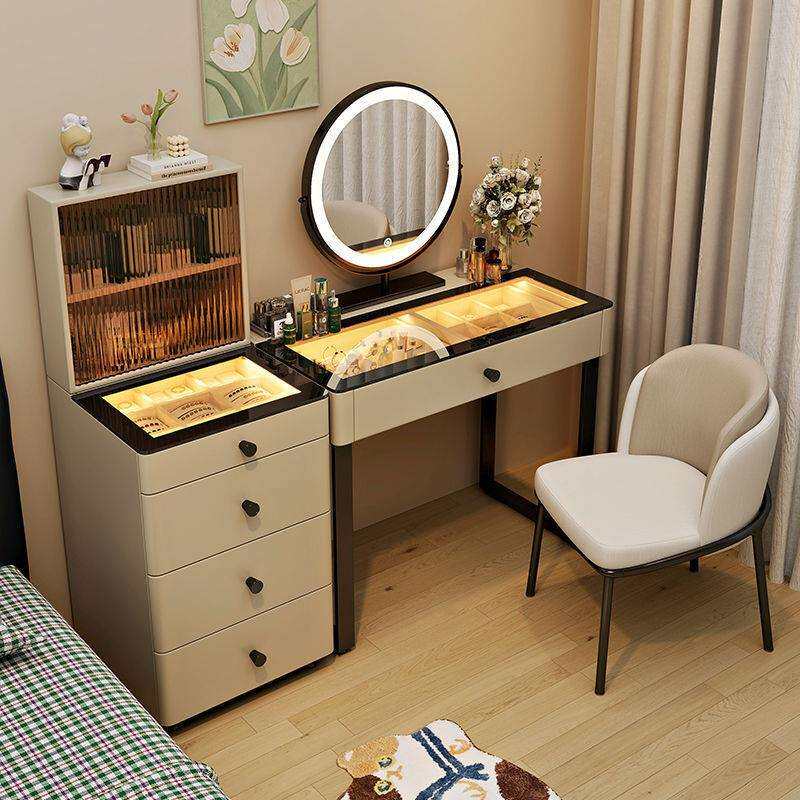 奶油风主卧全实木全景氛围灯梳妆台现代简约化妆桌斗柜收纳一体