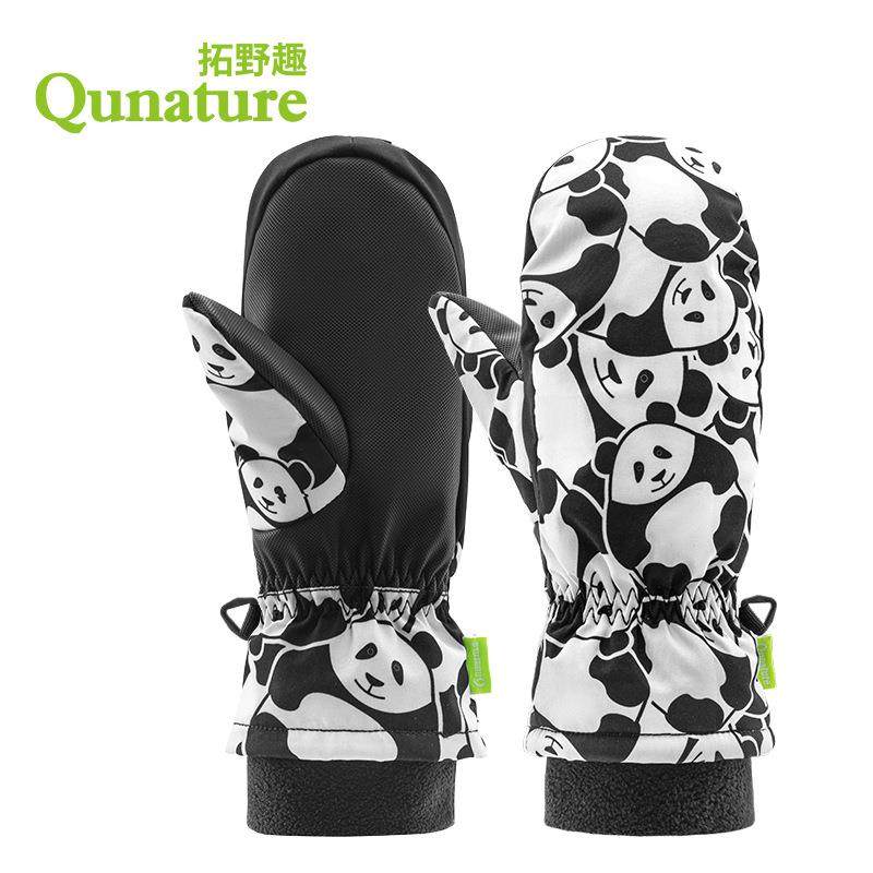 拓野趣儿童滑雪手套5-13岁熊猫图案保暖男女孩亲子款防风全指手套