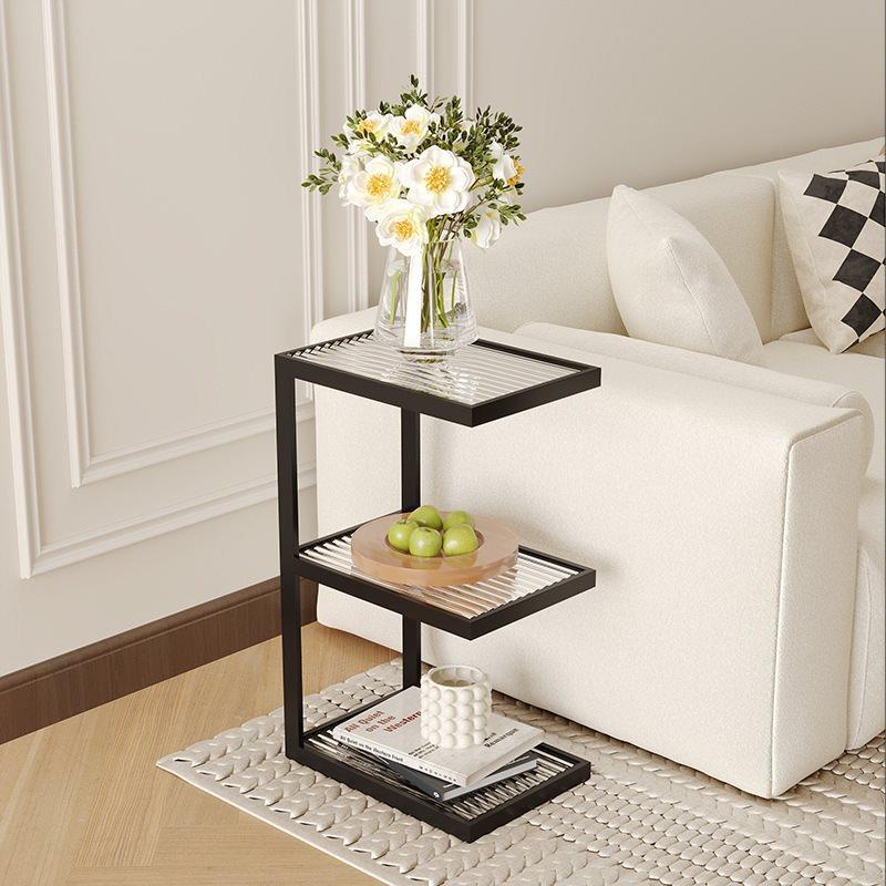 奶油风客厅沙发边几玻璃角几家用落地置物架极窄床头柜床边置物架