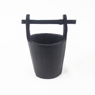 销售手工黑色碳化木质花盆花桶花瓶民宿客厅别墅装饰工艺摆件