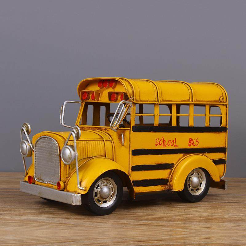 怀念新款校园校车巴士手工铁皮汽车模型摆件吧台怀旧读书时光车模