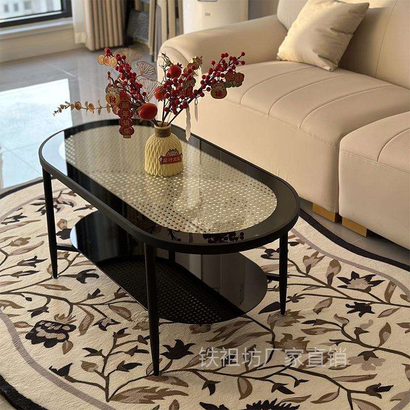 复古客厅家用椭圆形玻璃茶几简约现代轻奢奶油风极简小户型茶几r*