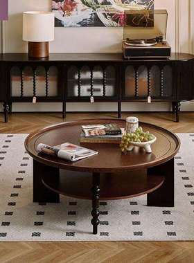 法式圆形茶几实木茶桌小户型中式小桌子古风家用客厅美式复古茶几