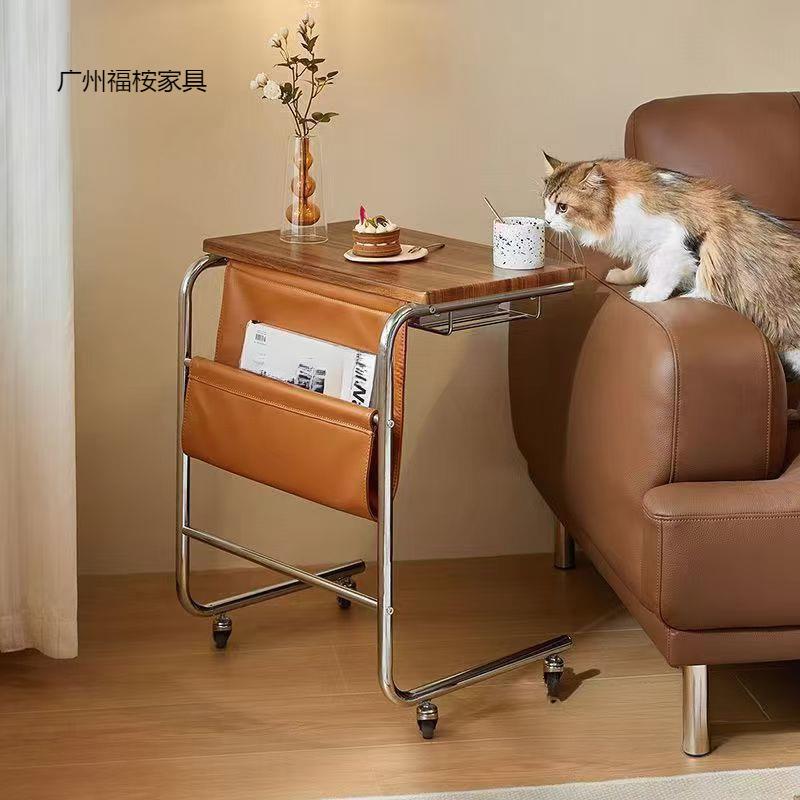 复古风可移动茶几客厅边几简约沙发旁置物架家用带轮角几床头边桌