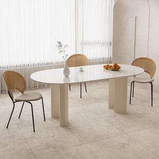 亮光岩板餐桌小户型家用白色实木脚椭圆形一桌四椅餐桌椅凳子组合