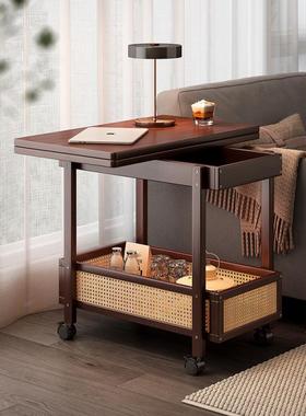 边几茶几可移动沙发边柜小户型折叠推车客厅置物架实木中古小桌子