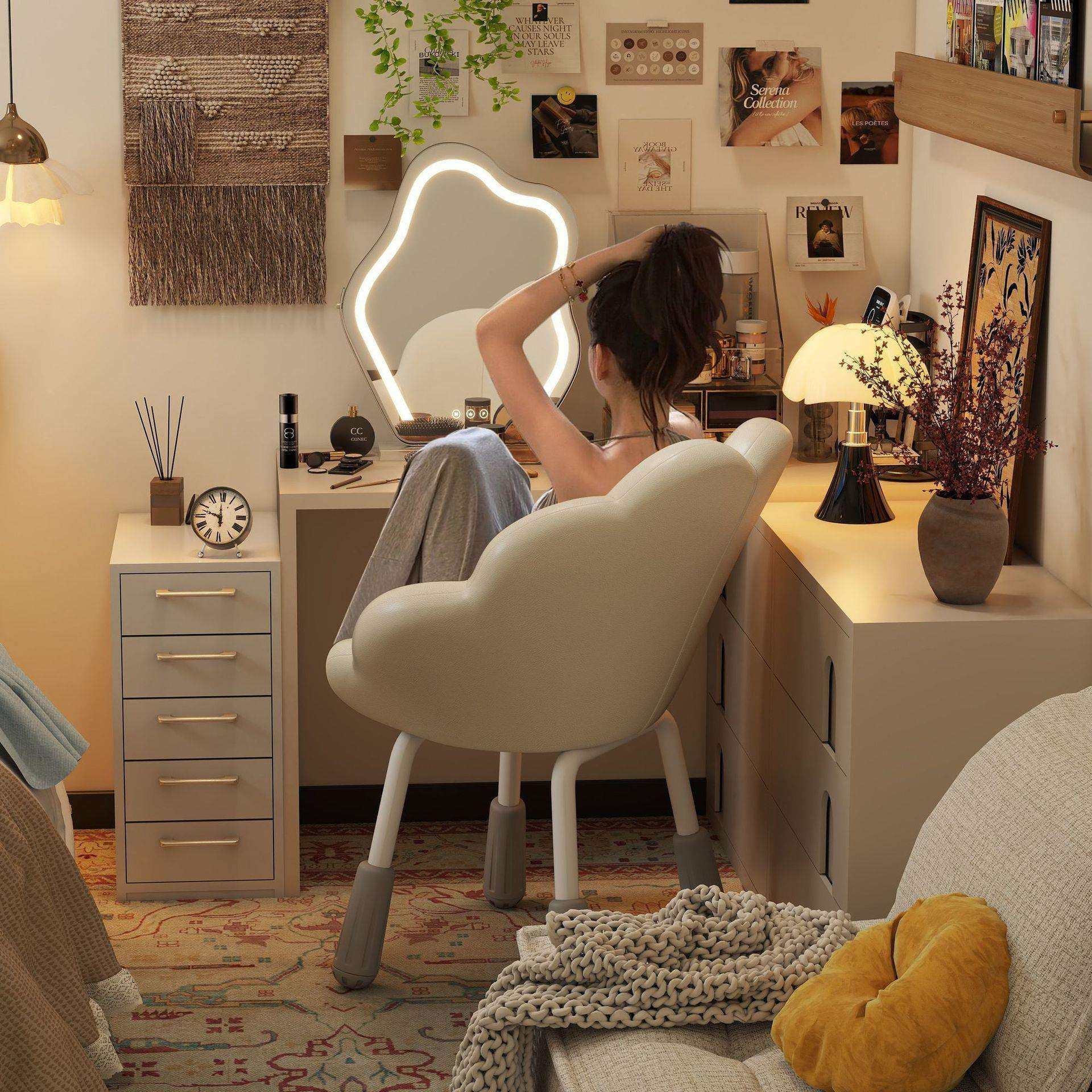 奶油风网红化妆椅靠背梳妆台椅子凳子女生卧室花瓣椅可旋转美甲椅